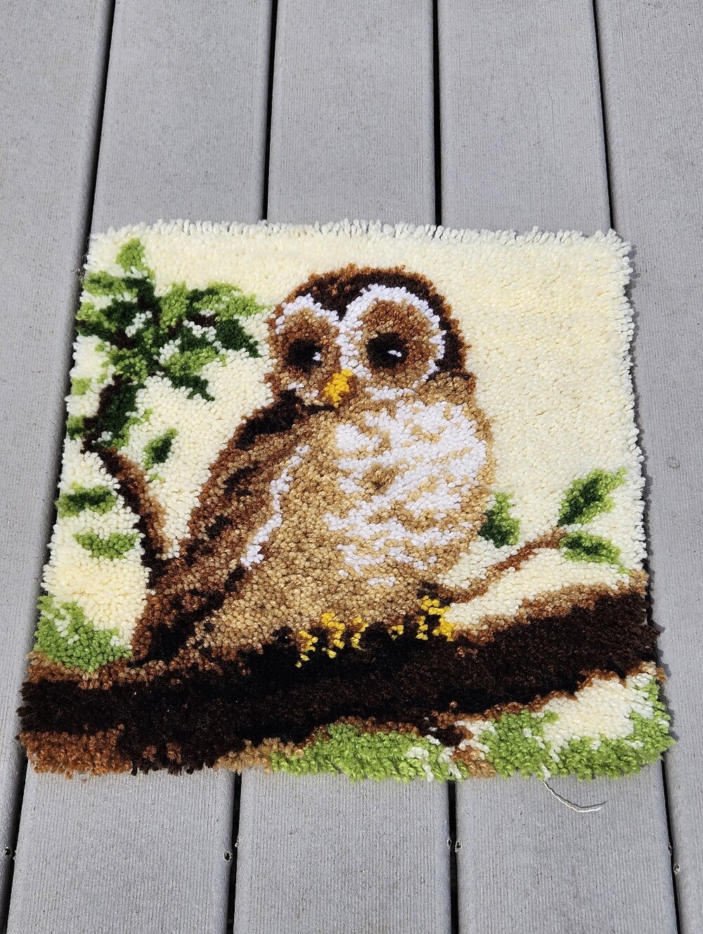 Vintage Retro 70s Owl Latch Hook Rug Completed Wall Hanging Yarn Fiber Art 16"